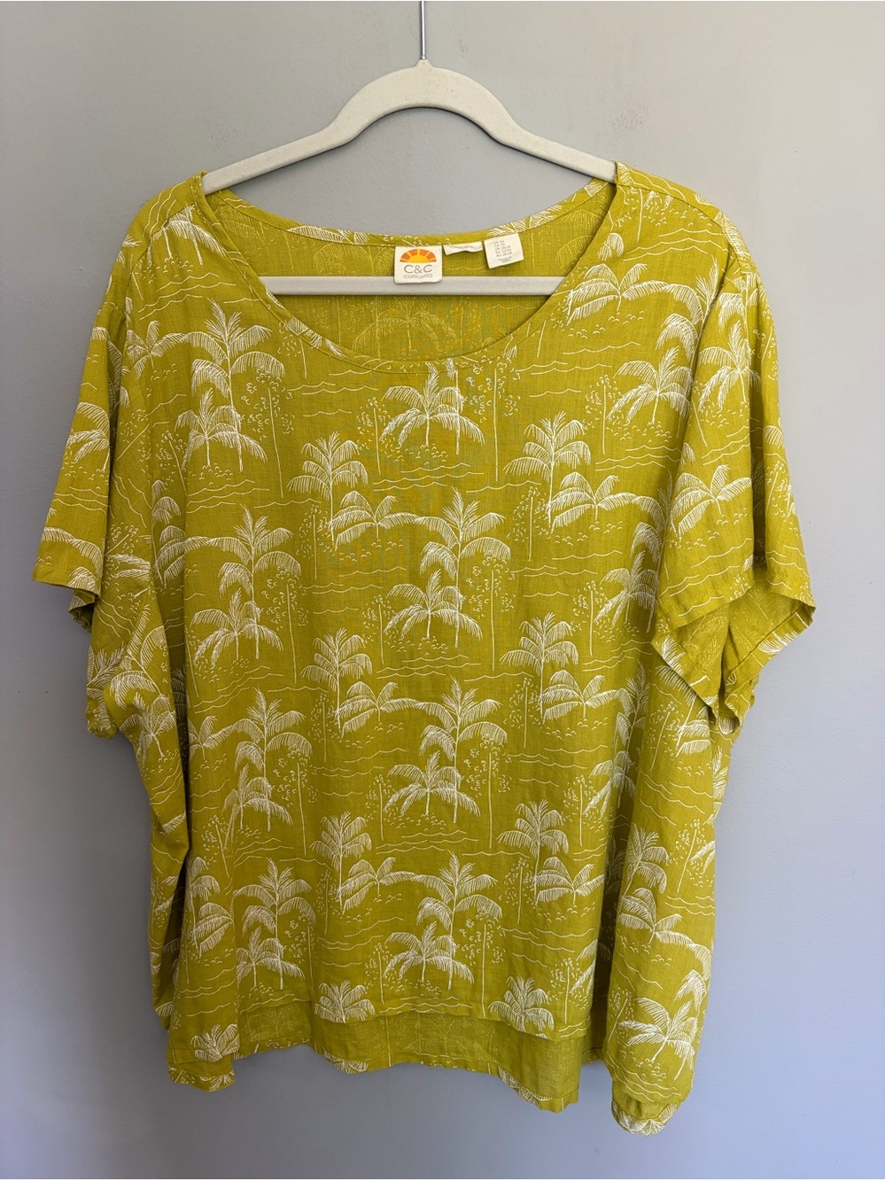C & C California 100% Linen Top Women’s 3X Yellow Tropical Palm Trees Coastal